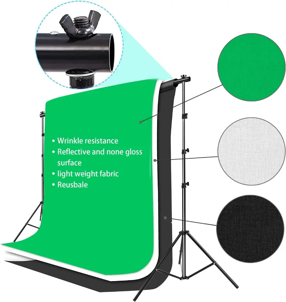 Photo Video Studio 10 x 8.5ft Stand with Muslin Backdrop Green-White-Black-2.webp